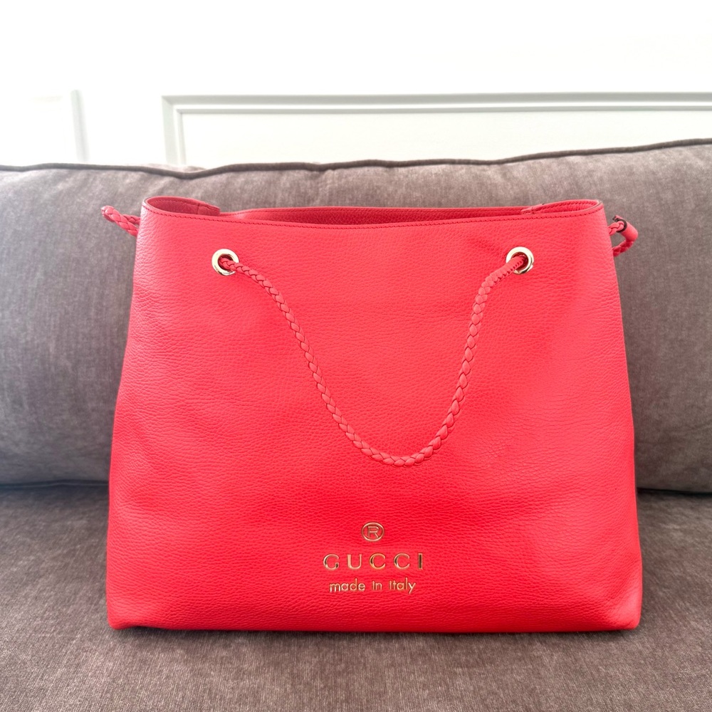 Authentic Gucci Gifford Tote Bag coral red leather large size braided handles - Picture 4 of 16